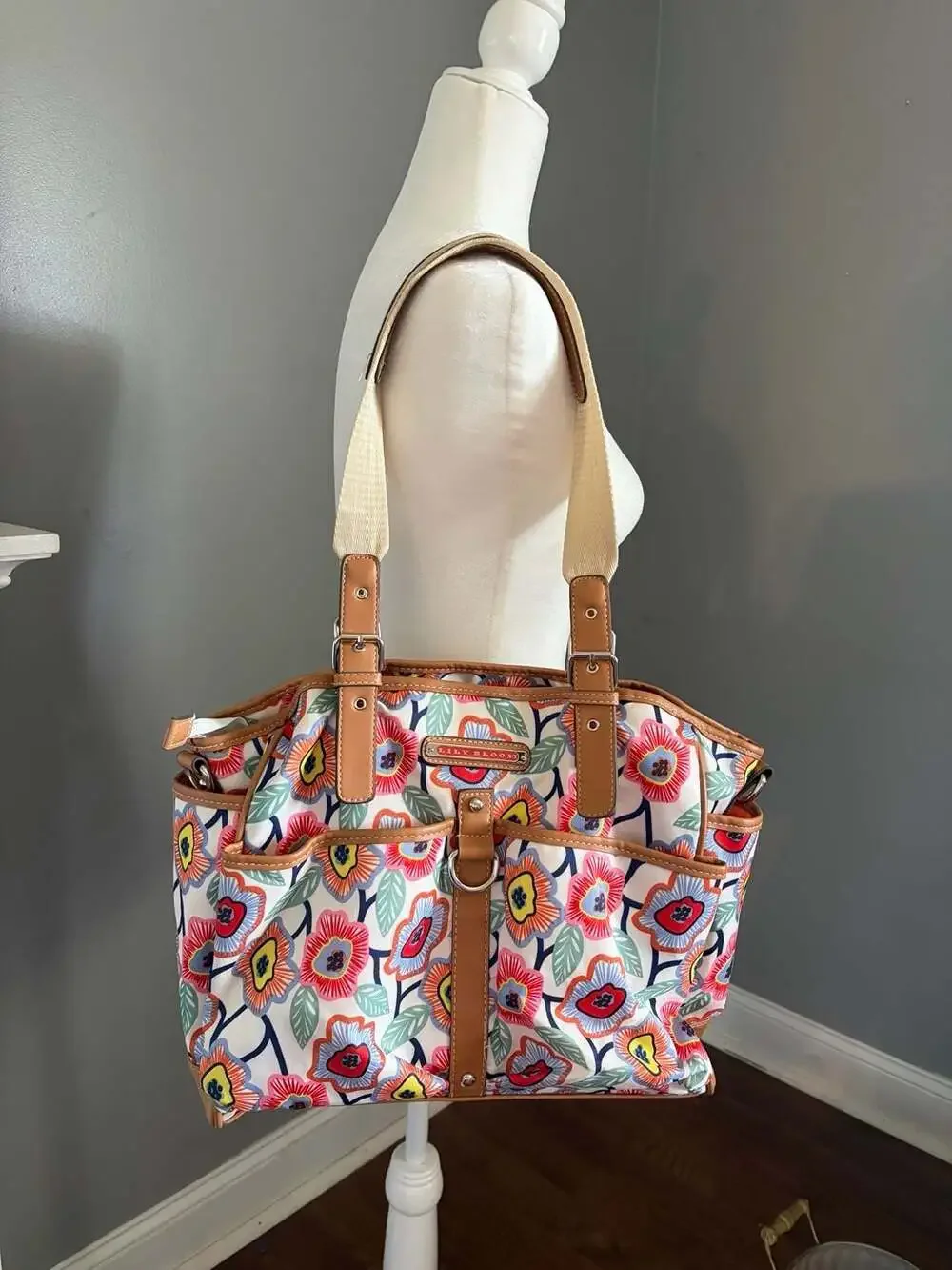 Lily Bloom Multi-Compartment Floral Canvas Shoulder Tote Bag